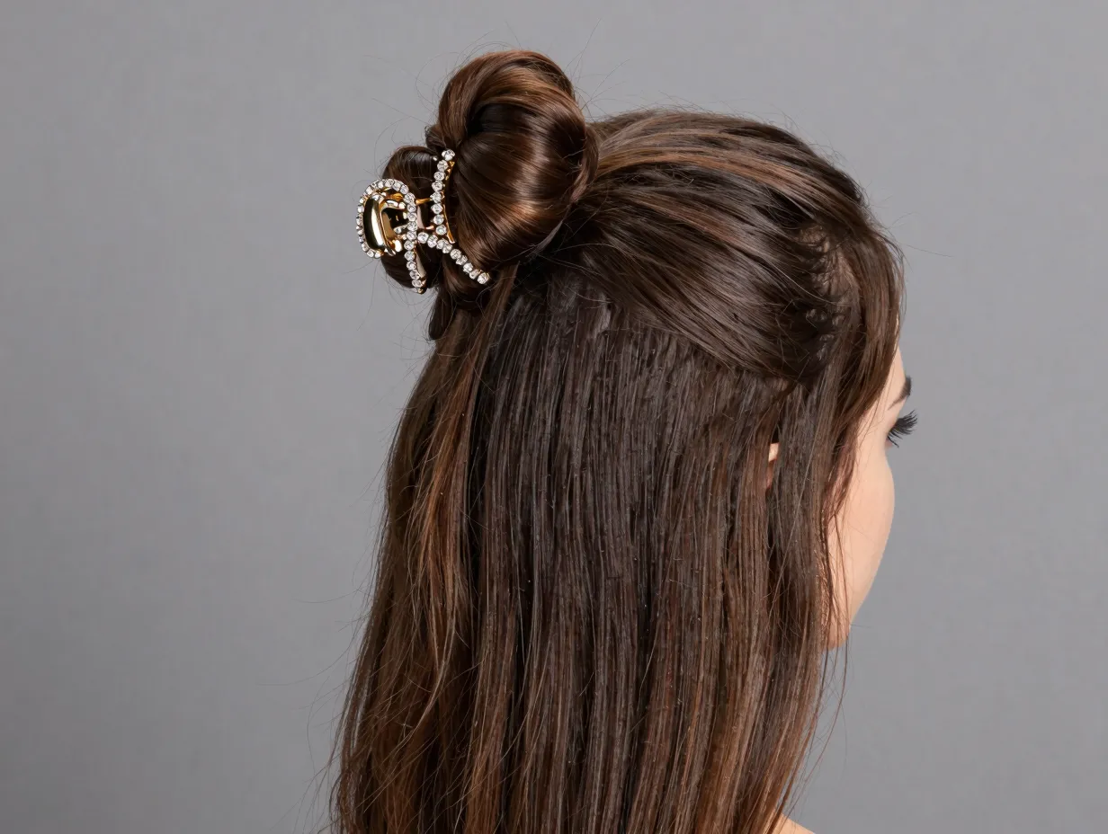 Half up top knot hairstyle secured with a jeweled decorative claw clip