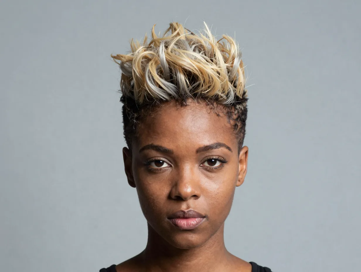 Tapered natural cut with blown out top and dyed tips