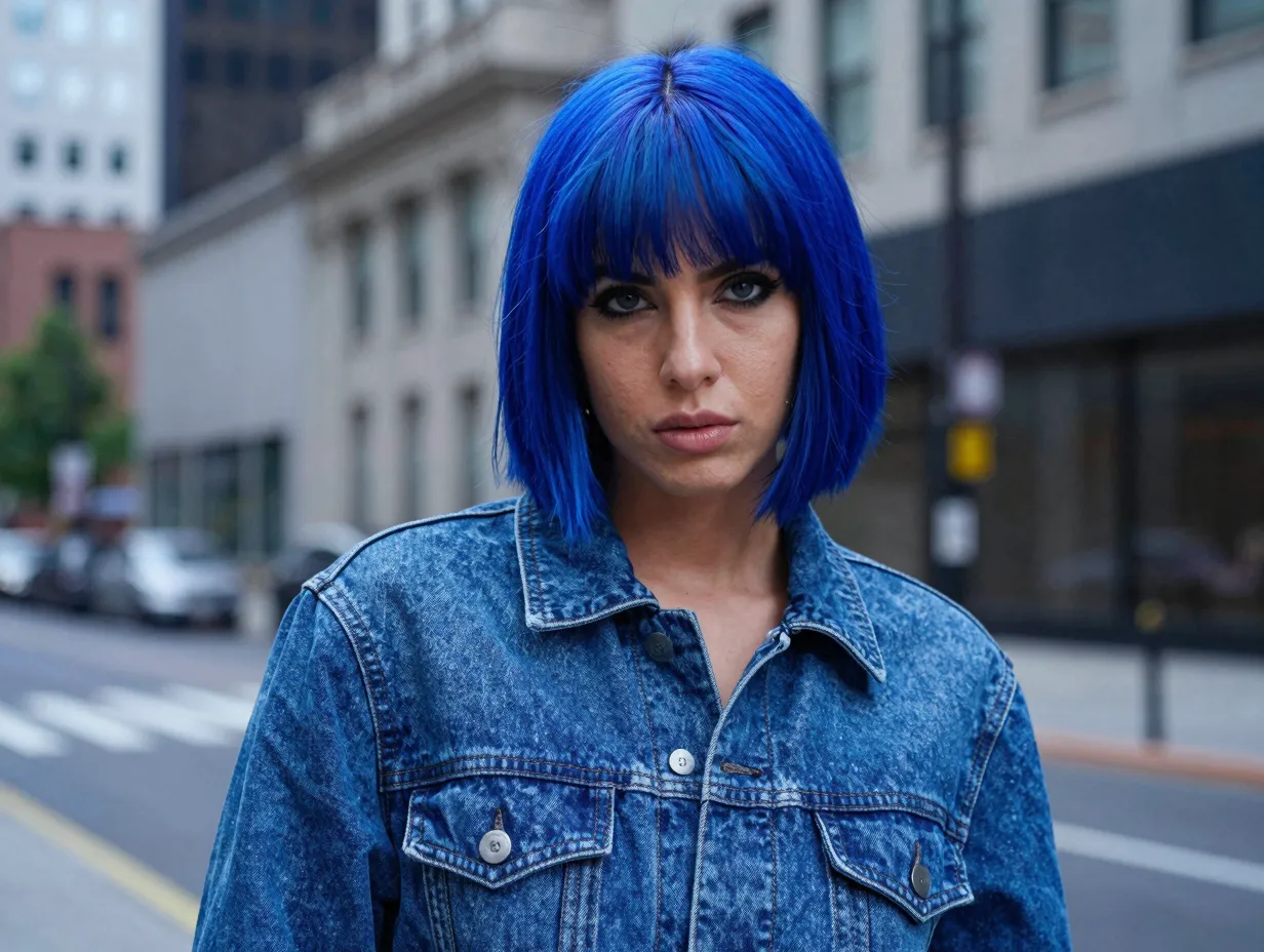 Electric blue denim and cobalt hair statement in urban cityscape