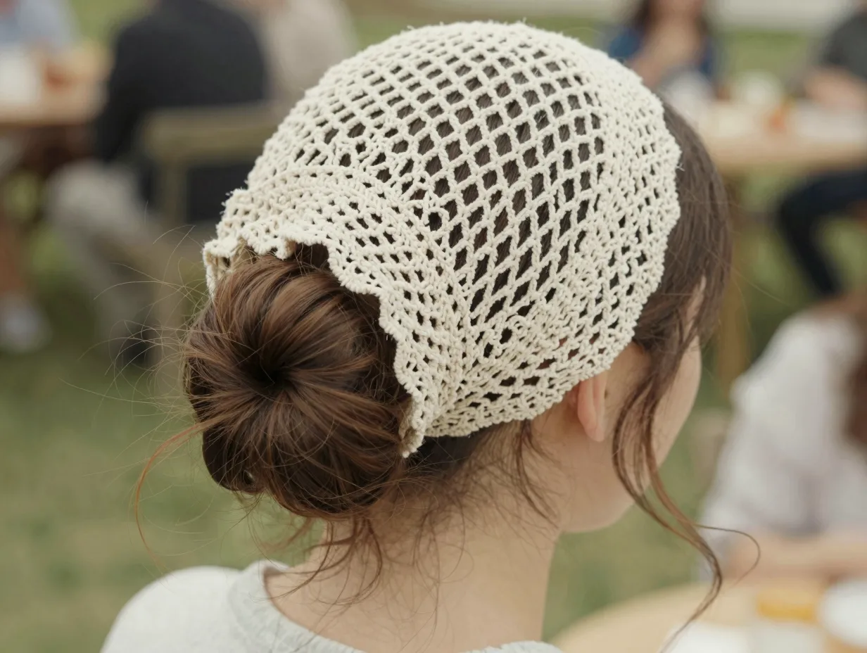 Fine cotton crochet snood loose low bun tendrils