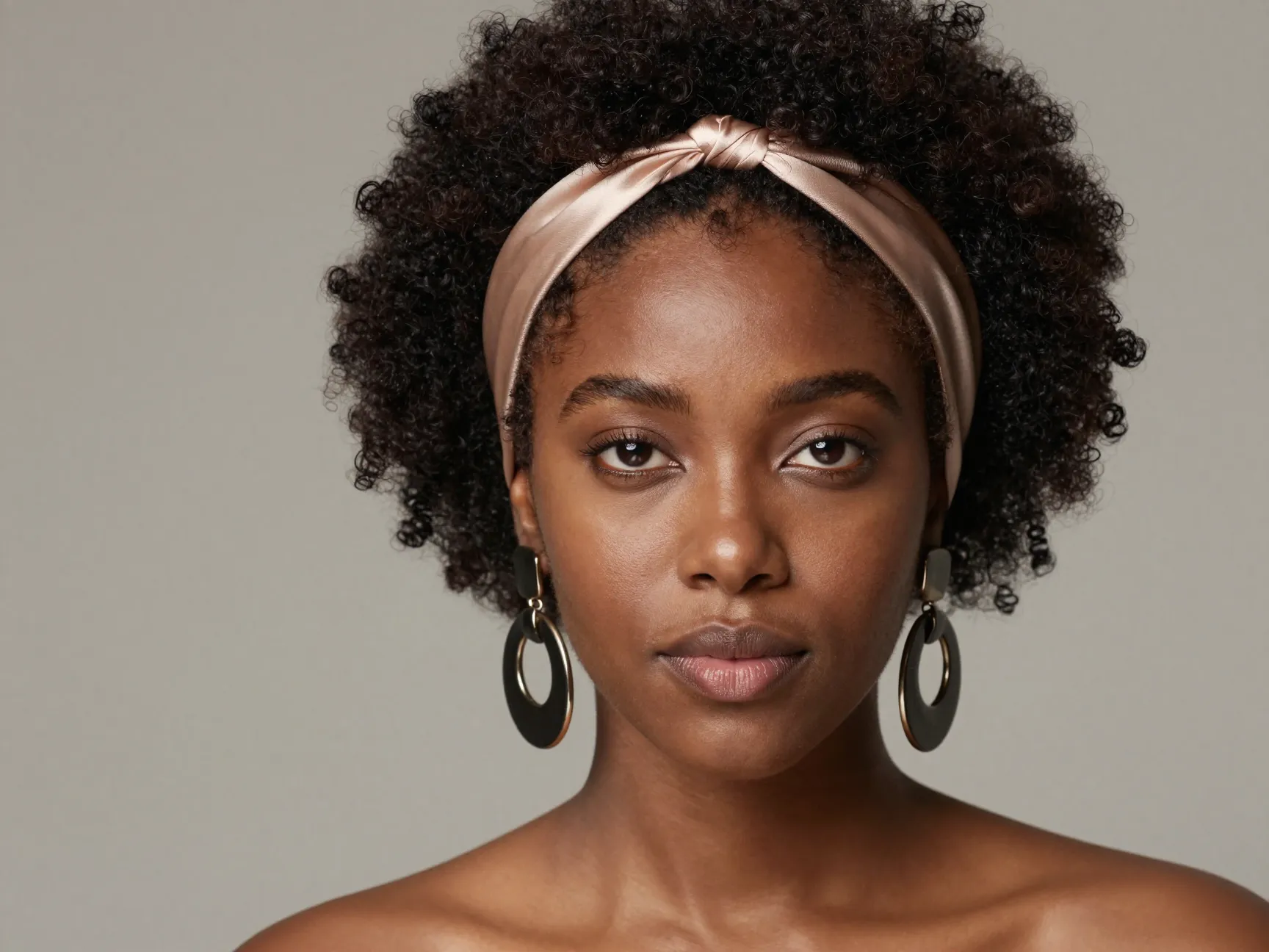 Short afro accessorized with a silk headband and statement earrings