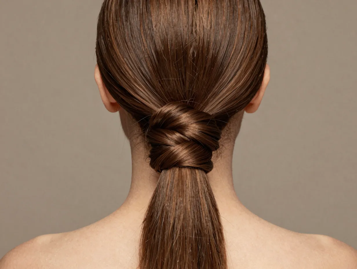 Tucked low ponytail creating a wrapped knot illusion for a date night
