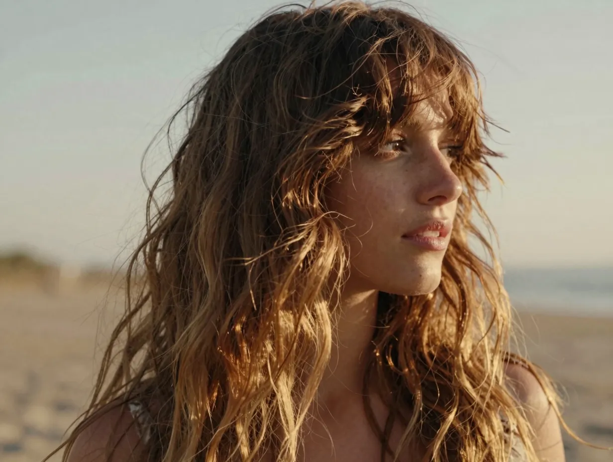 Wispy bangs bohemian beach waves casual outdoor shot