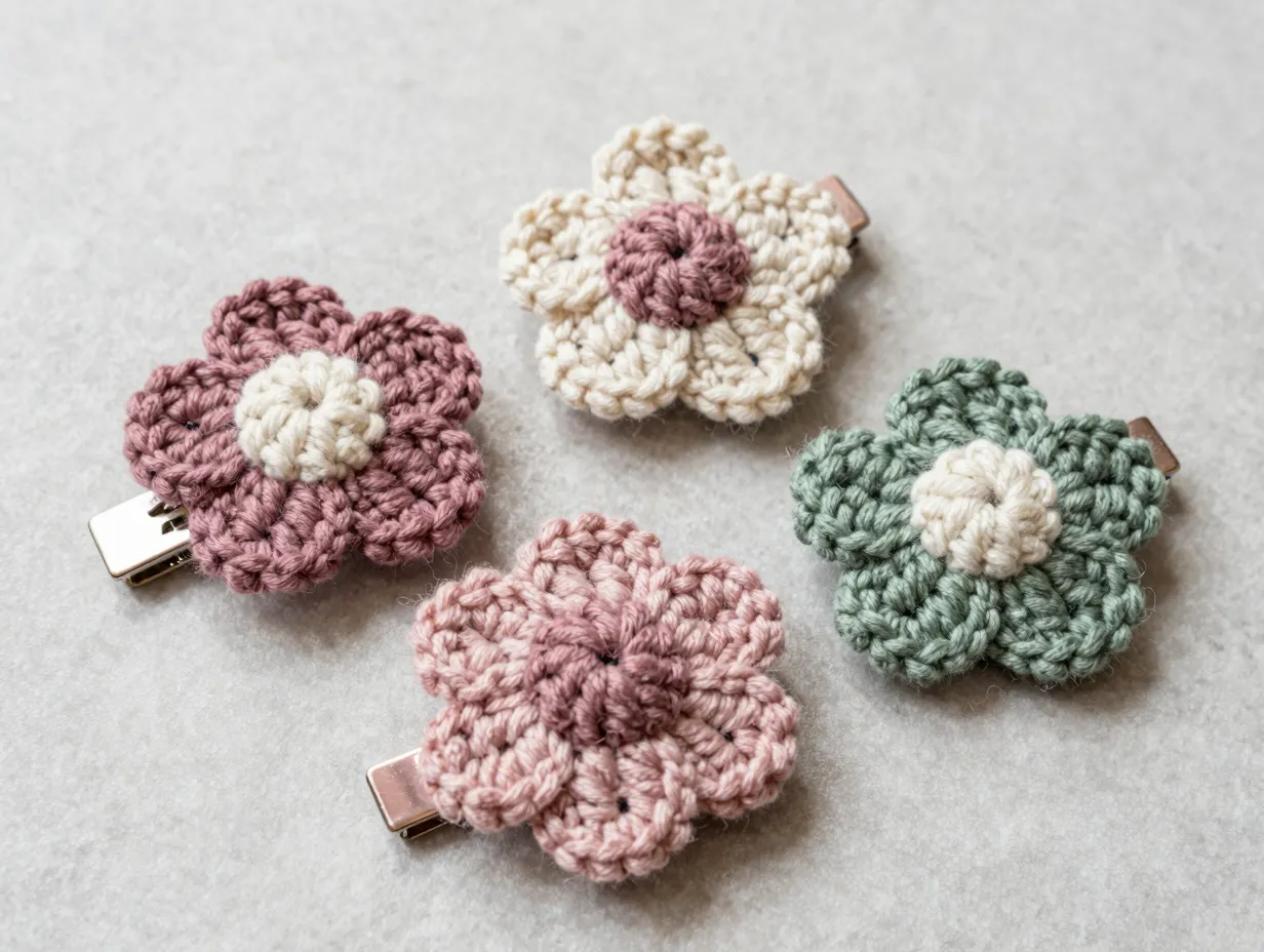 Cluster dusty rose cream sage crochet flower clips