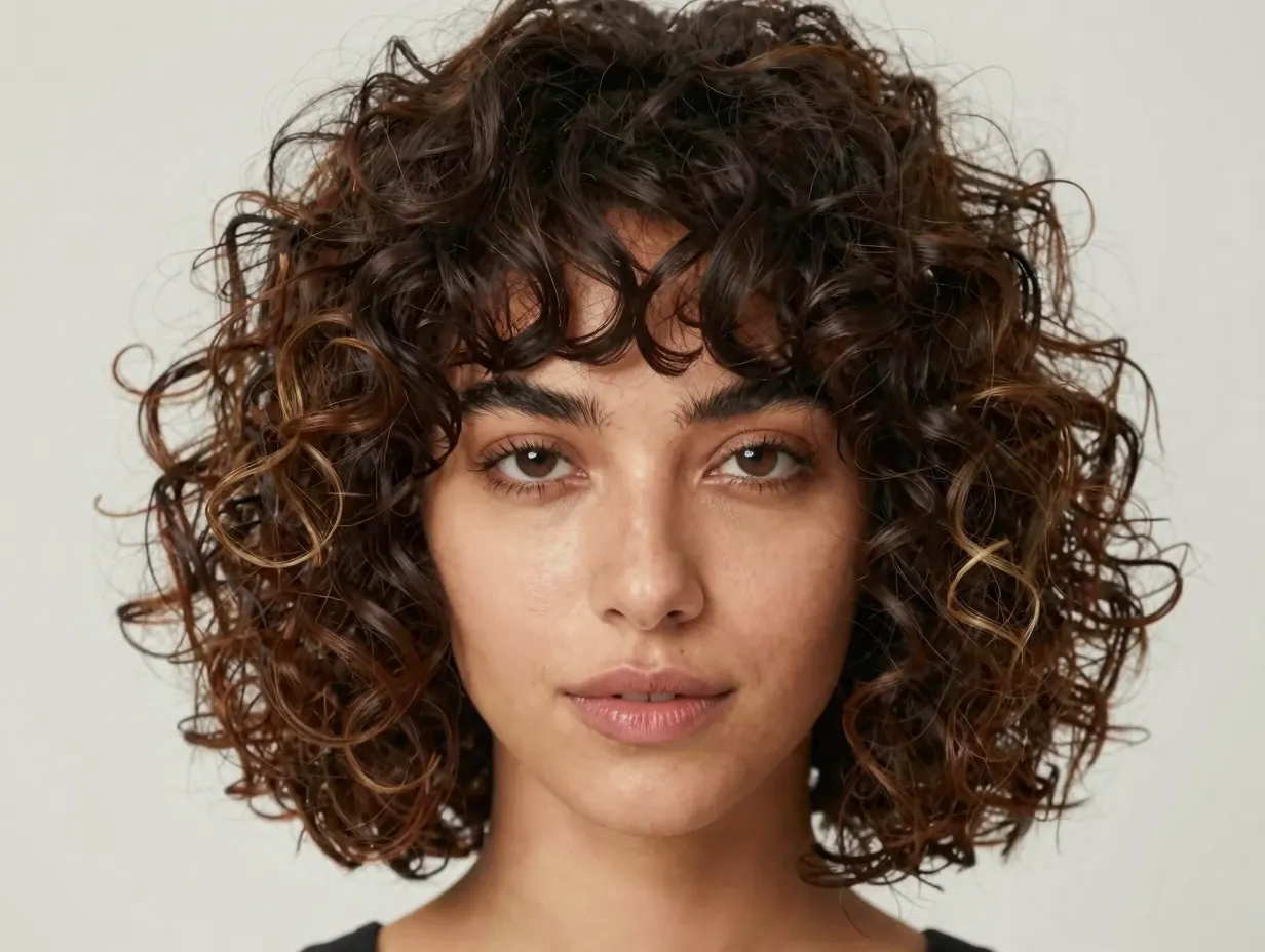 Curly bob with soft curtain bangs framing an oval face