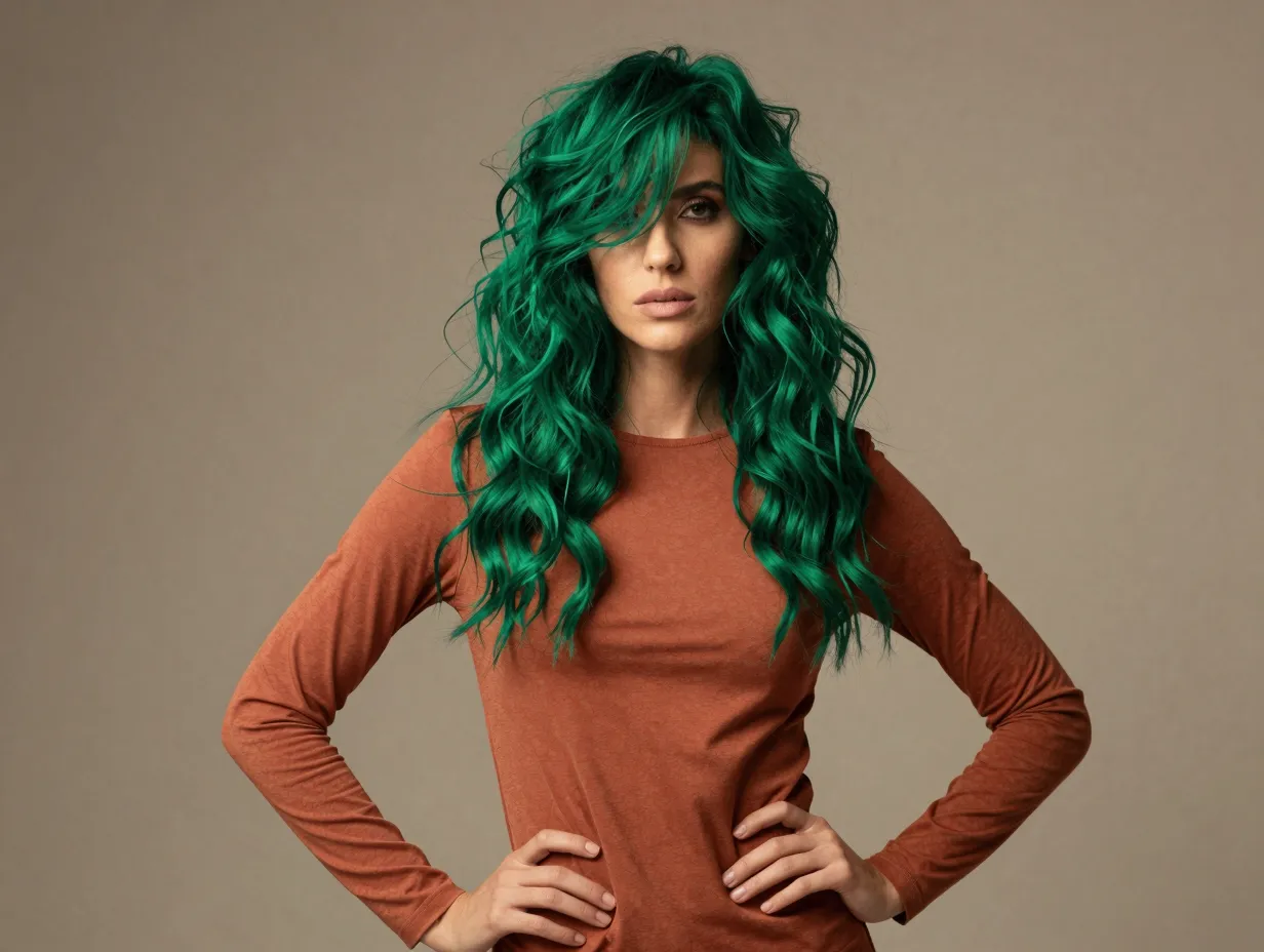 Emerald green hair styled with terracotta clothing earth tone contrast