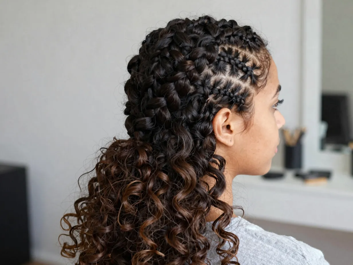 Half braided hairstyles cornrow crown loose natural curls duality