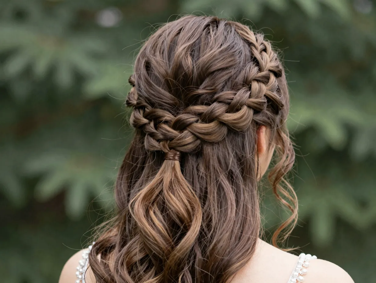 Intricate braided crown half up hairstyle with cascading hair below