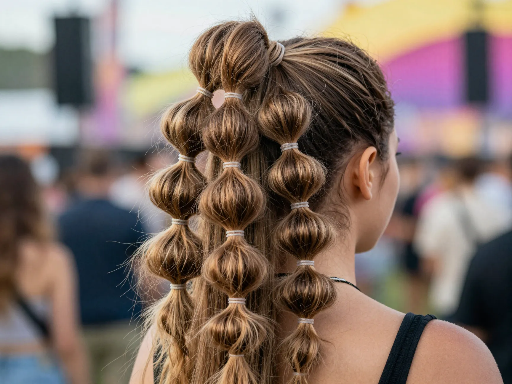 Long high bubble ponytail with multiple puffed sections for a festival