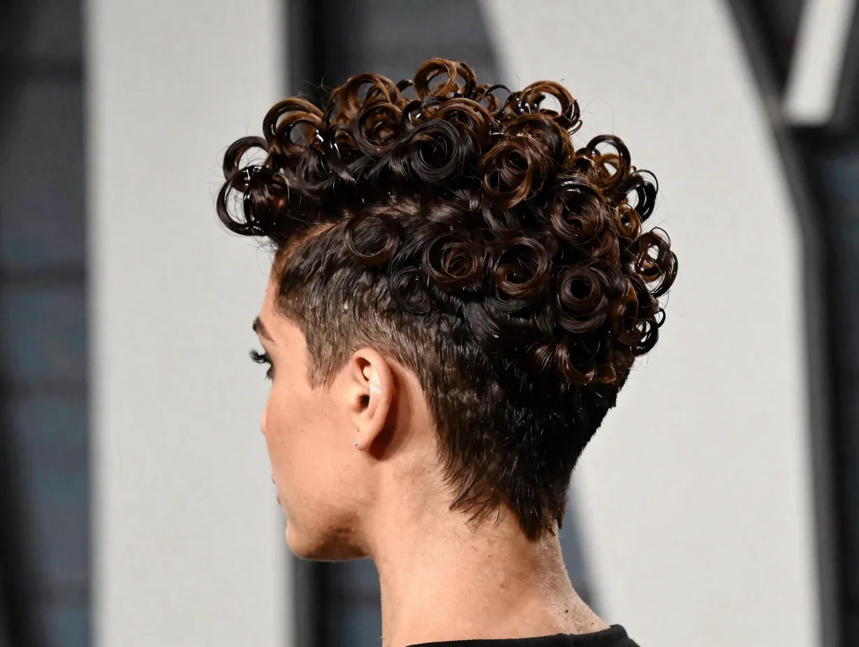 Sculpted curly pixie undercut voluminous top curls