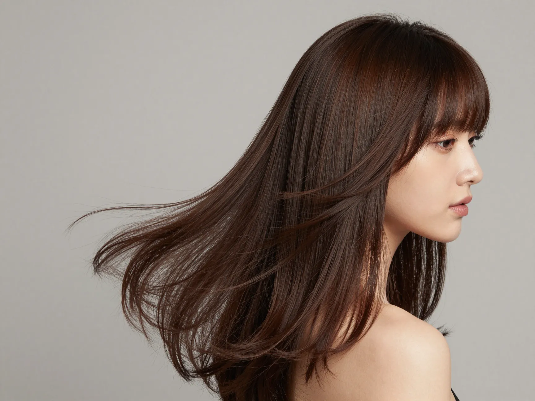 Side swept bangs long romantic layers polished portrait