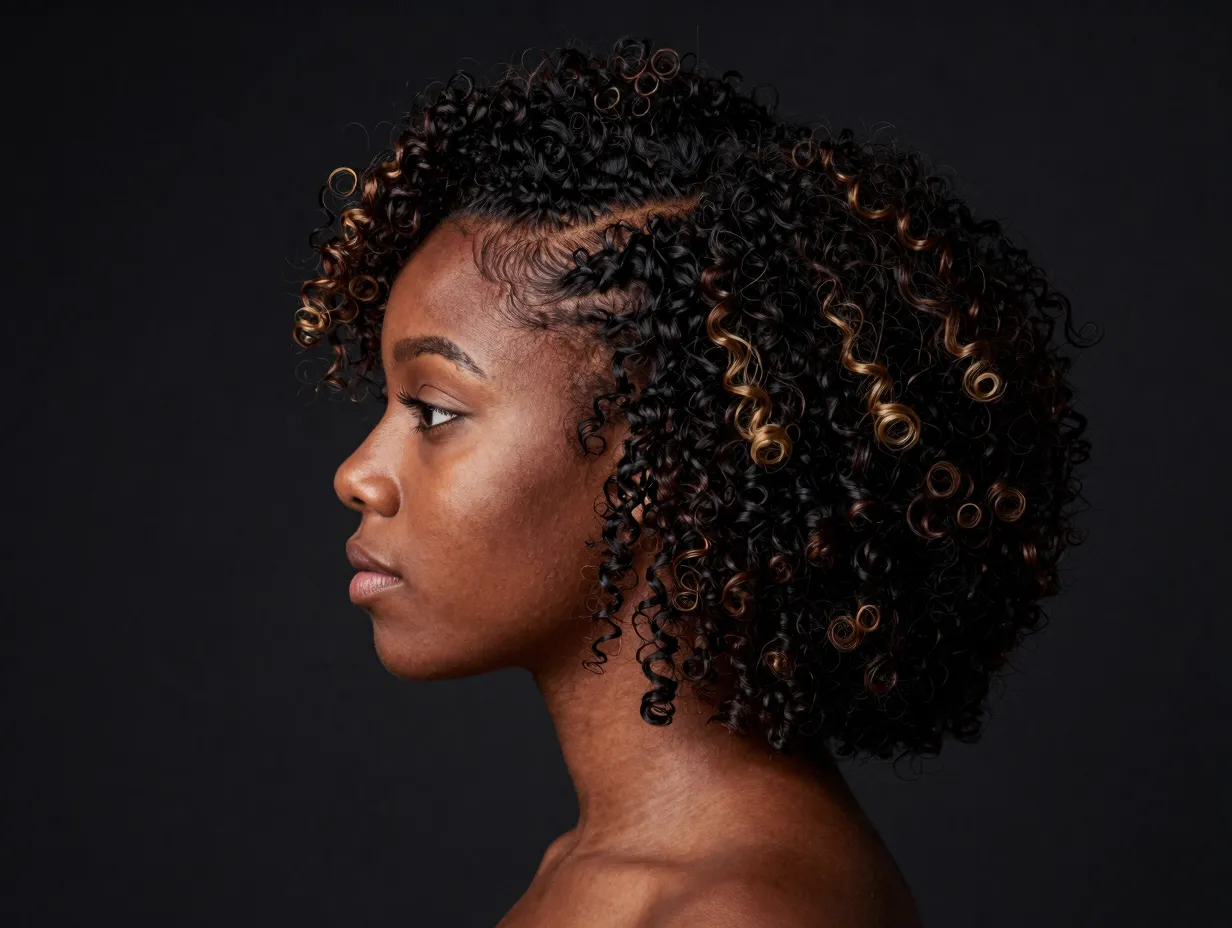 Teeny weeny afro with deep side part and highlighted curls