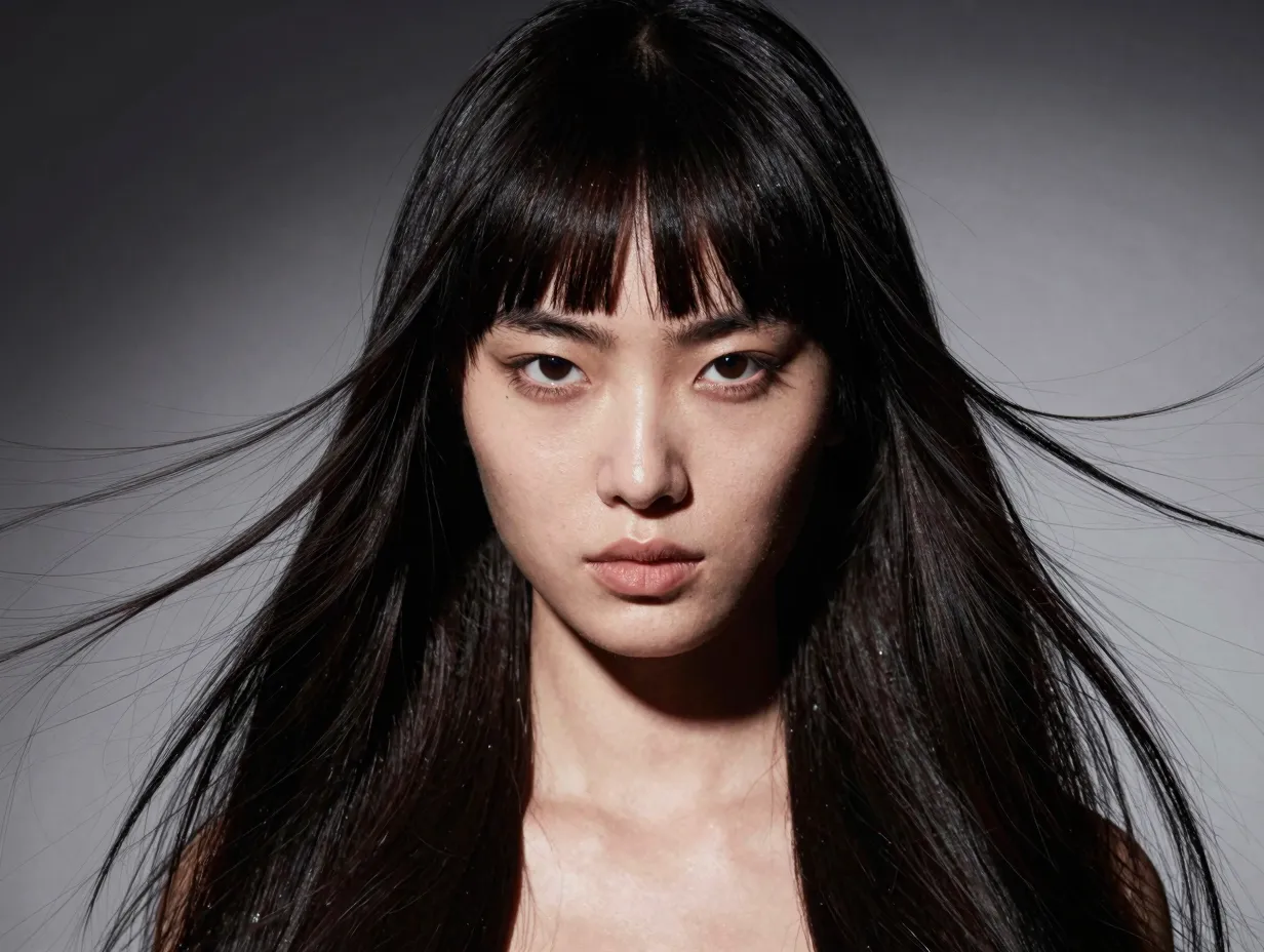 Micro bangs long flowing hair edgy fashion portrait