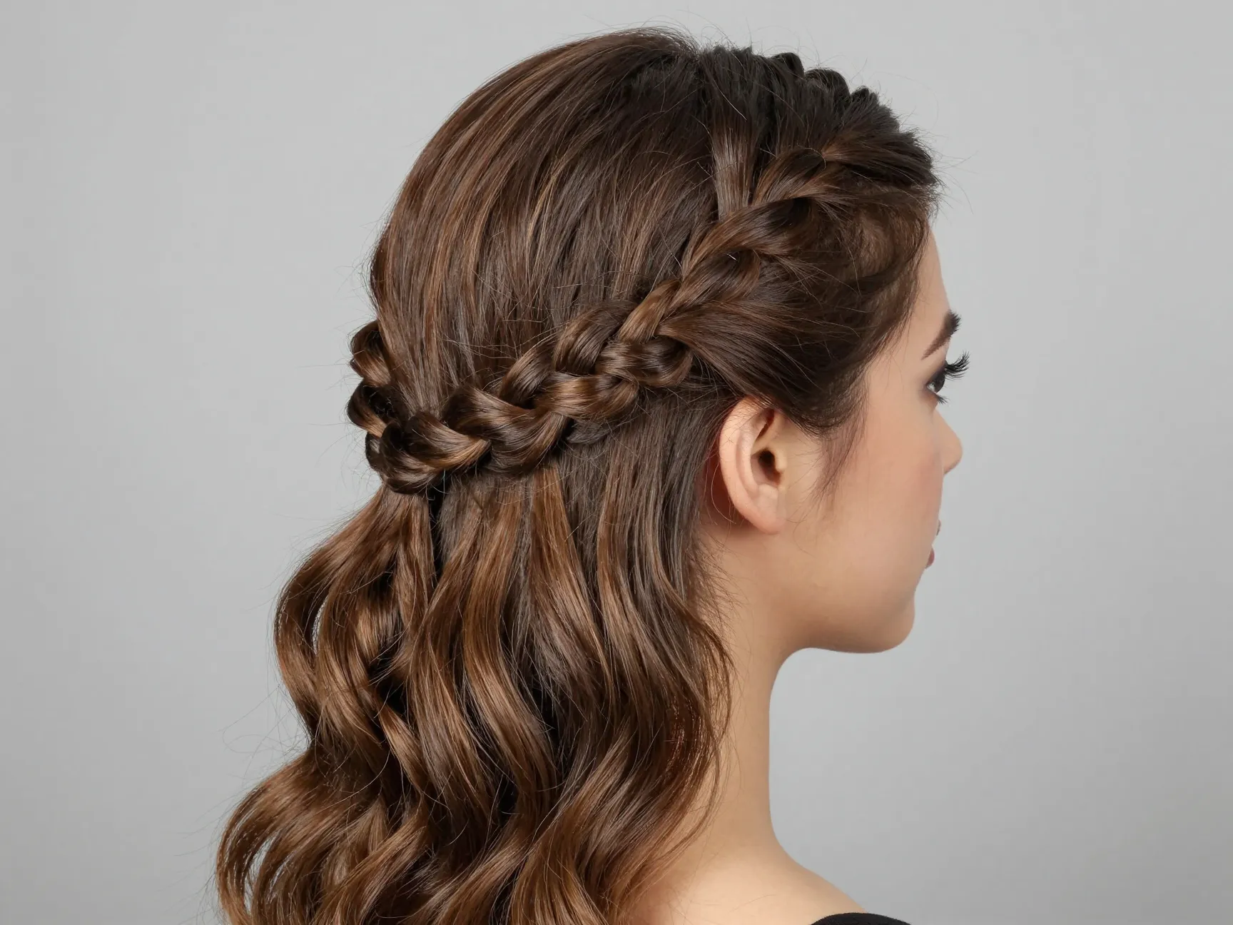 Sleek twisted rope half up hairstyle with medium tension polish