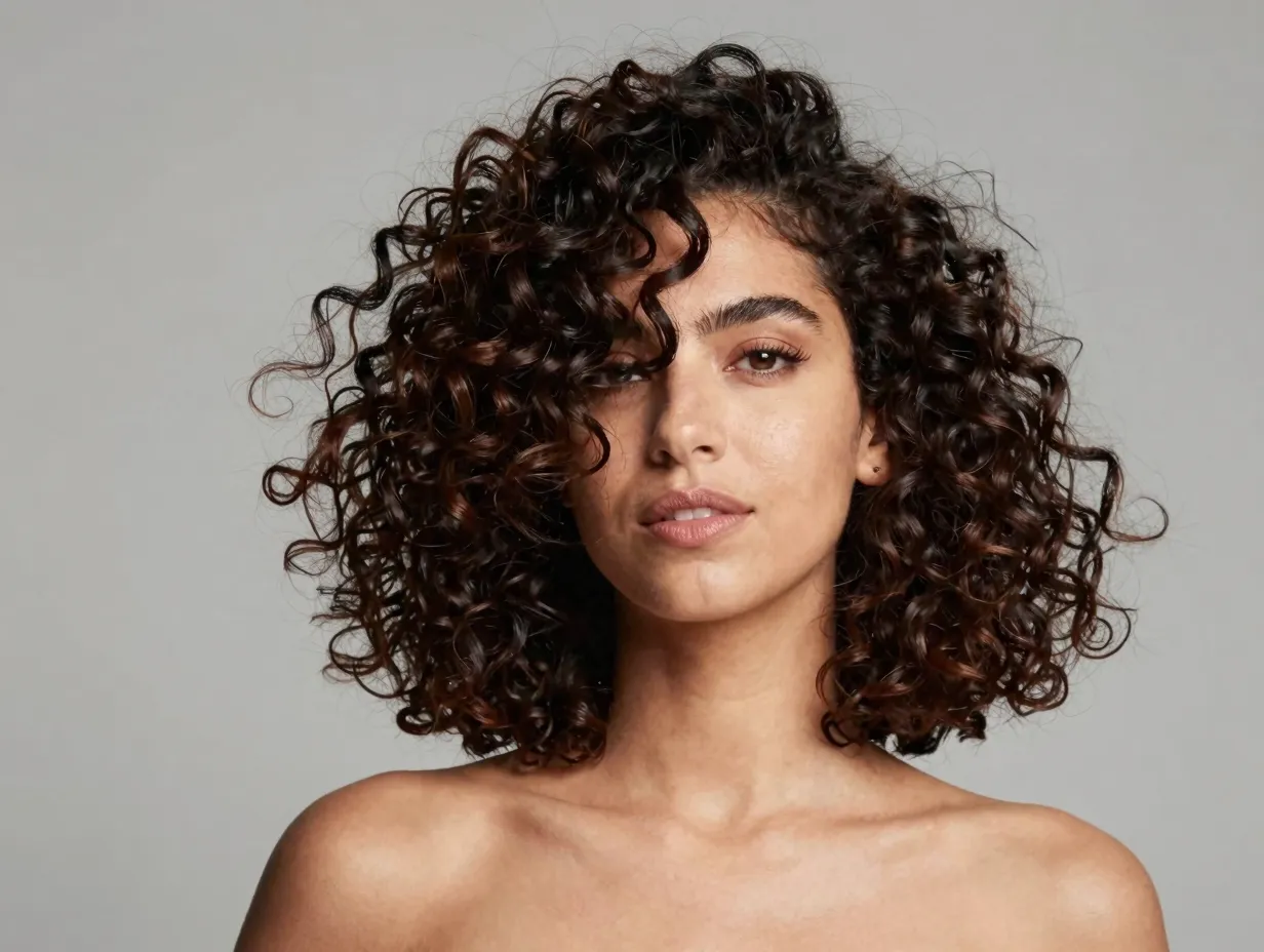 Asymmetrical curly bob with dramatic diagonal line and movement