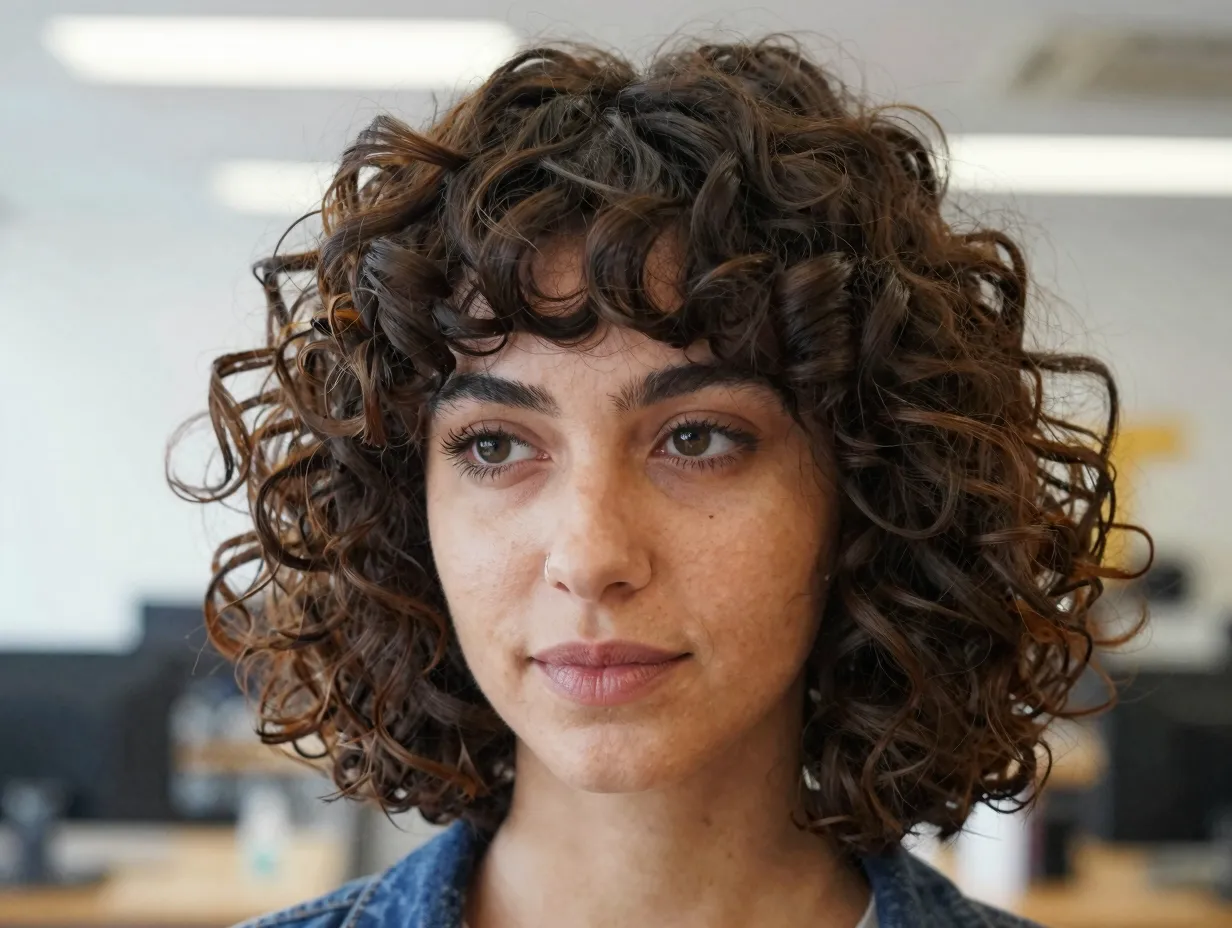 Curly bob playful curtain bangs framing face
