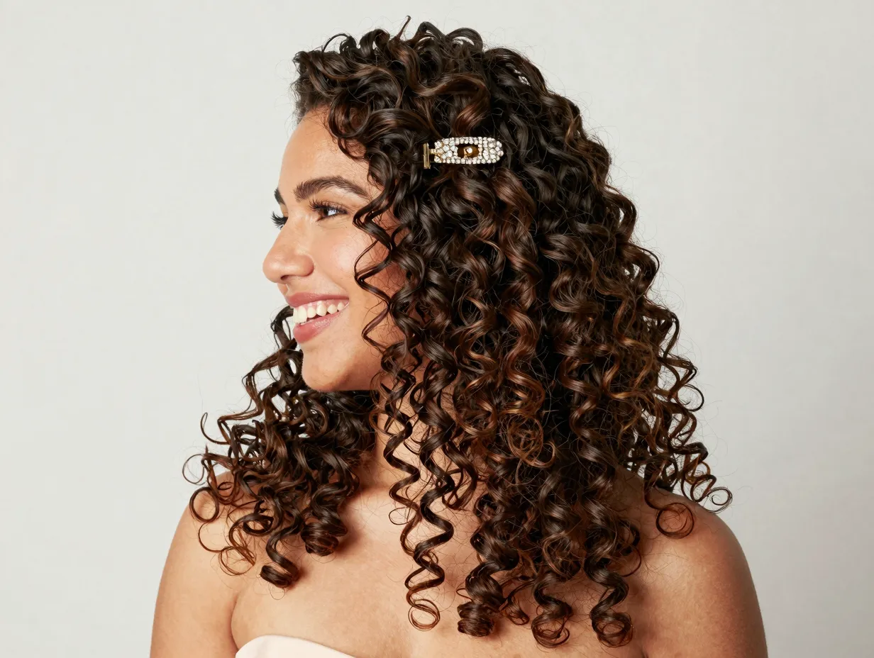 Curly half up hairstyle with defined ringlets and a jeweled clip