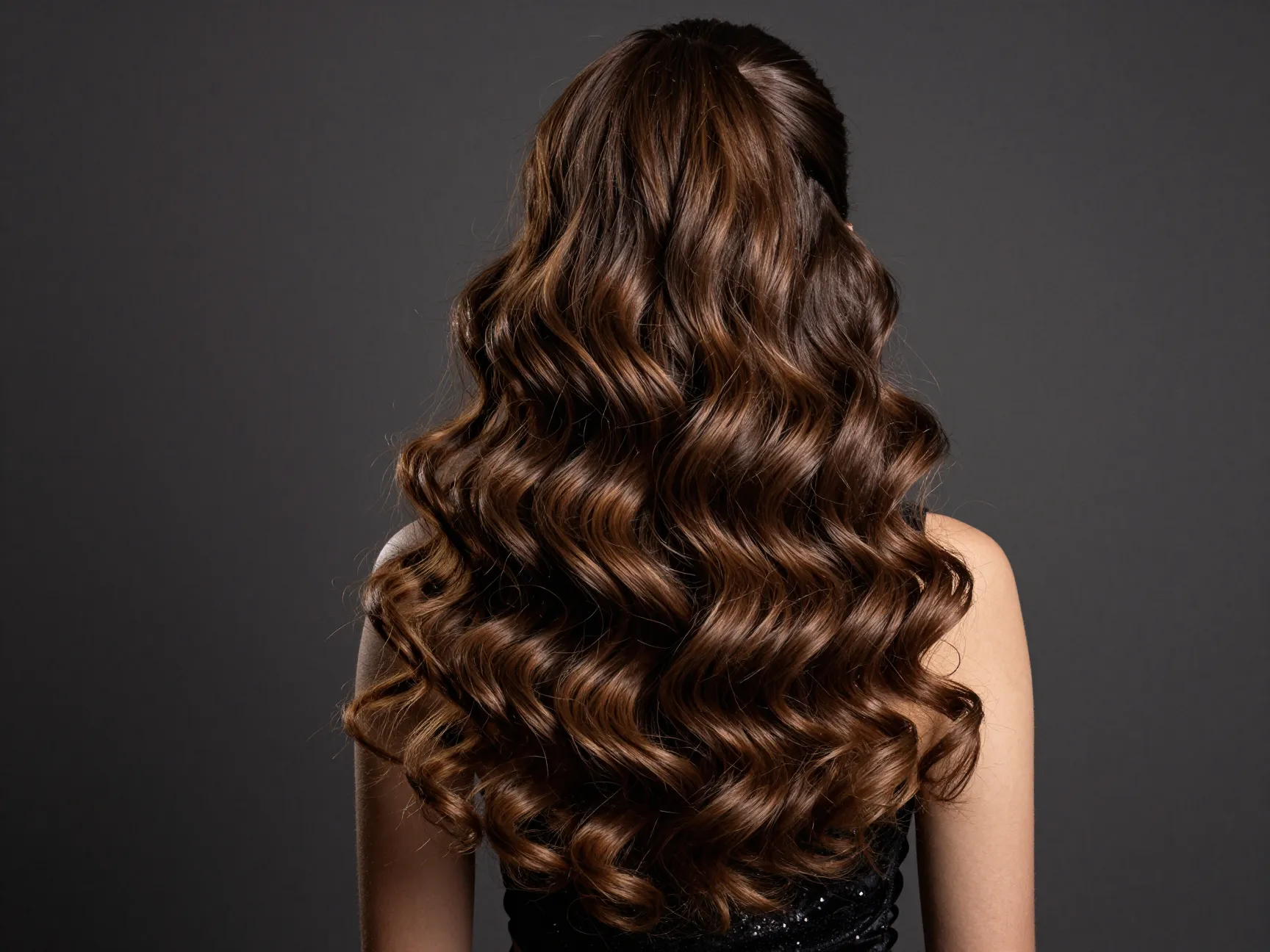 Glamorous high ponytail with large voluminous curls for an evening party