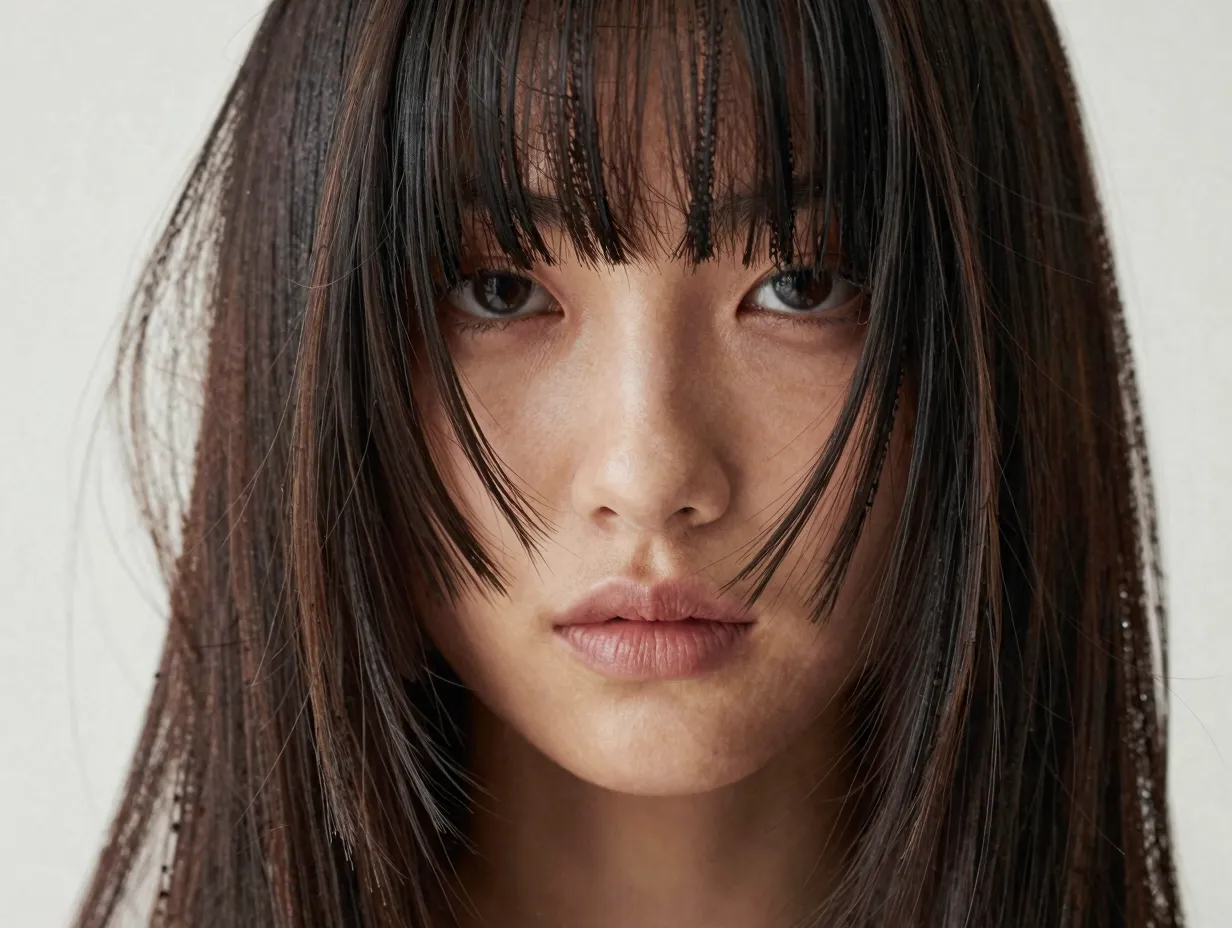 Long fringe textured ends piecey layers modern portrait