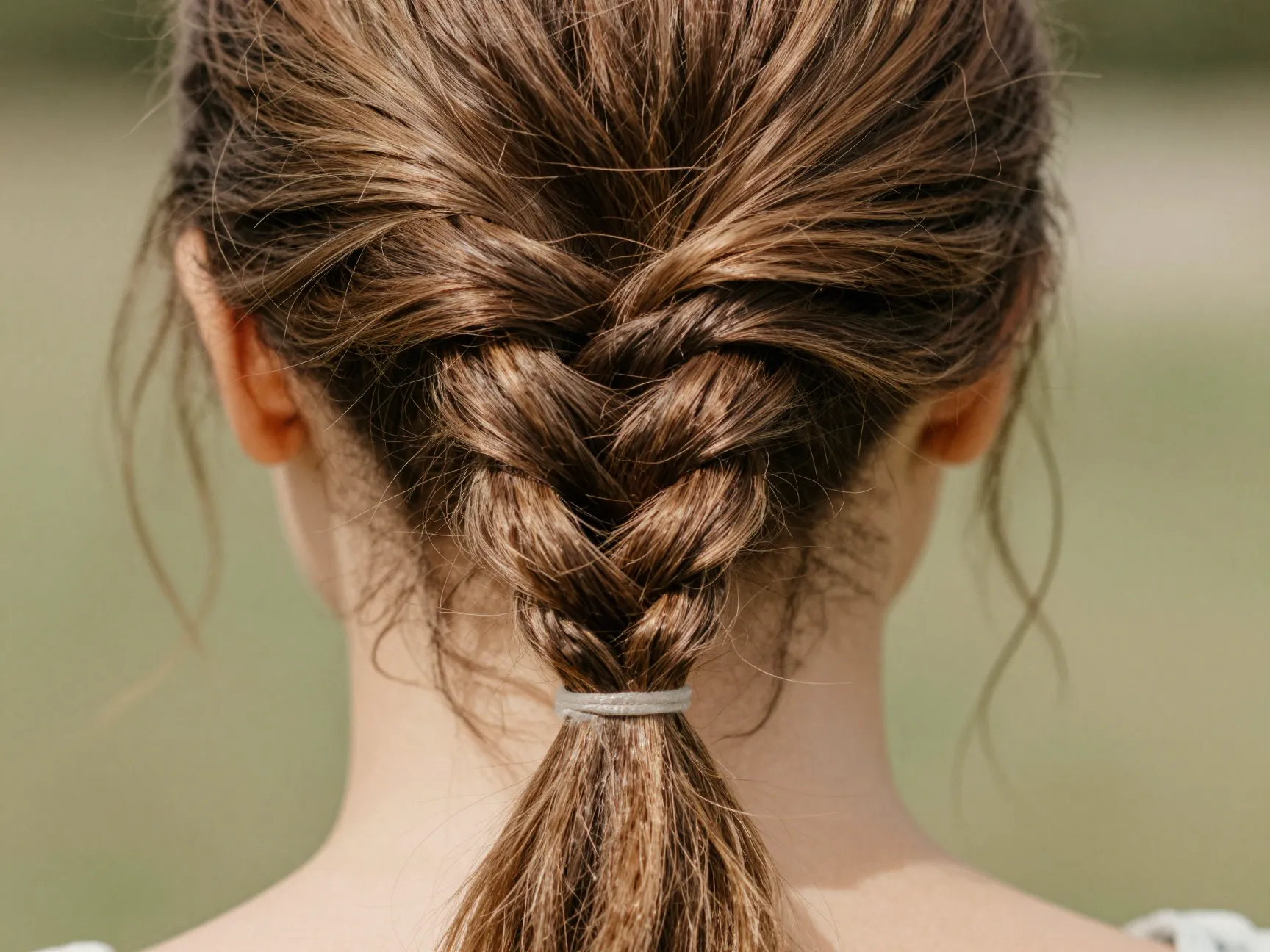 Boho fishtail braid incorporated into a low ponytail for an outdoor event