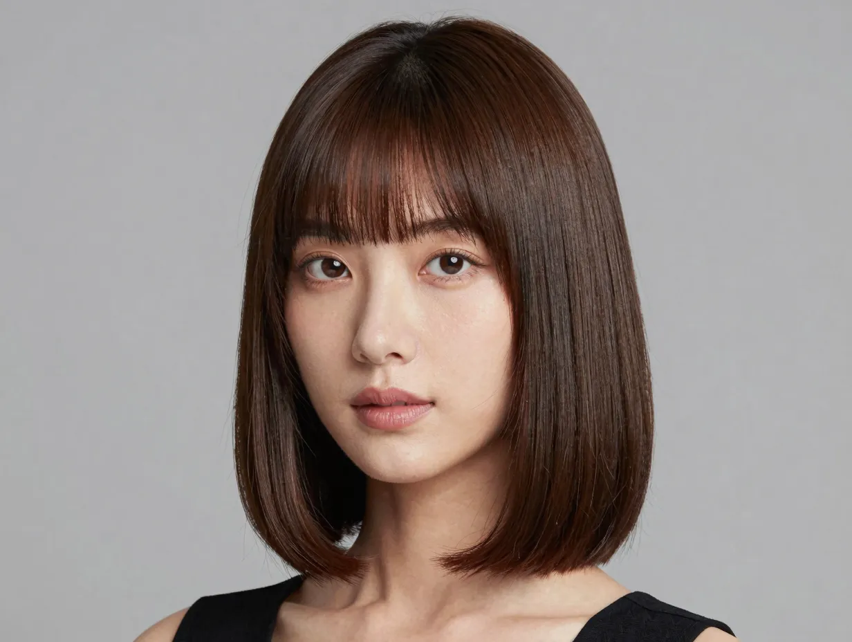 Curtain bangs collarbone long bob polished professional portrait