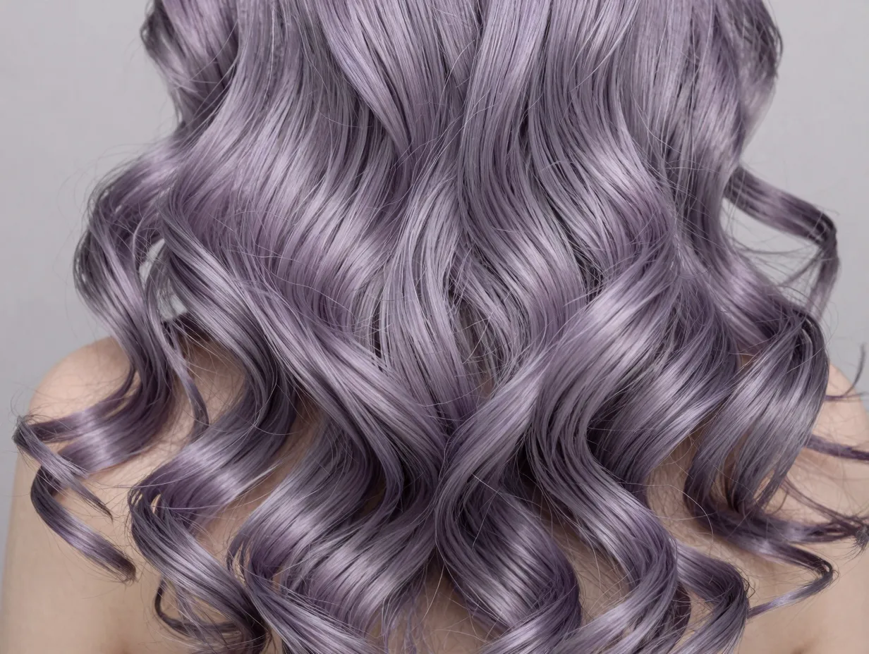 Smoky lilac silver lavender hair with textured loose curls