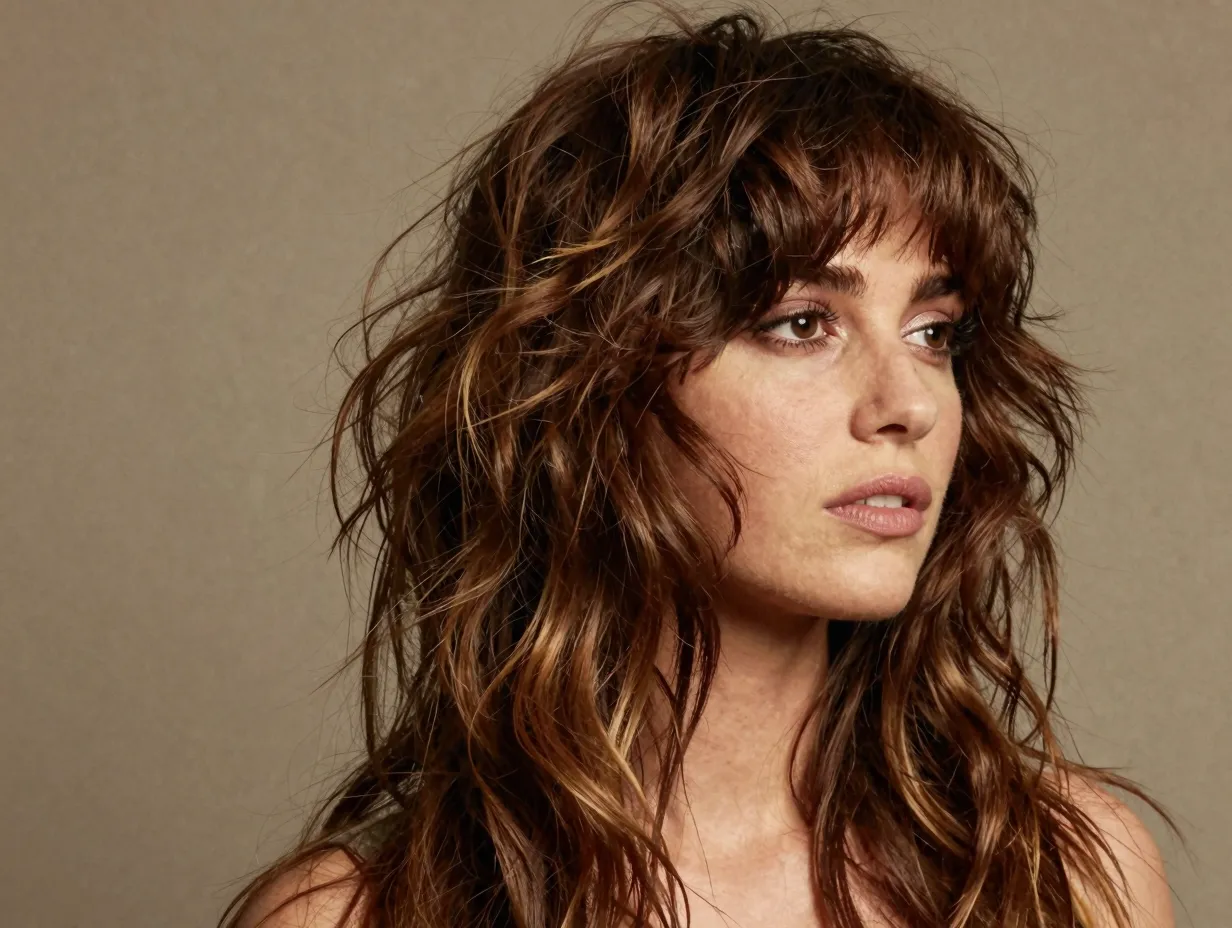 Choppy bangs long shag haircut textured retro portrait