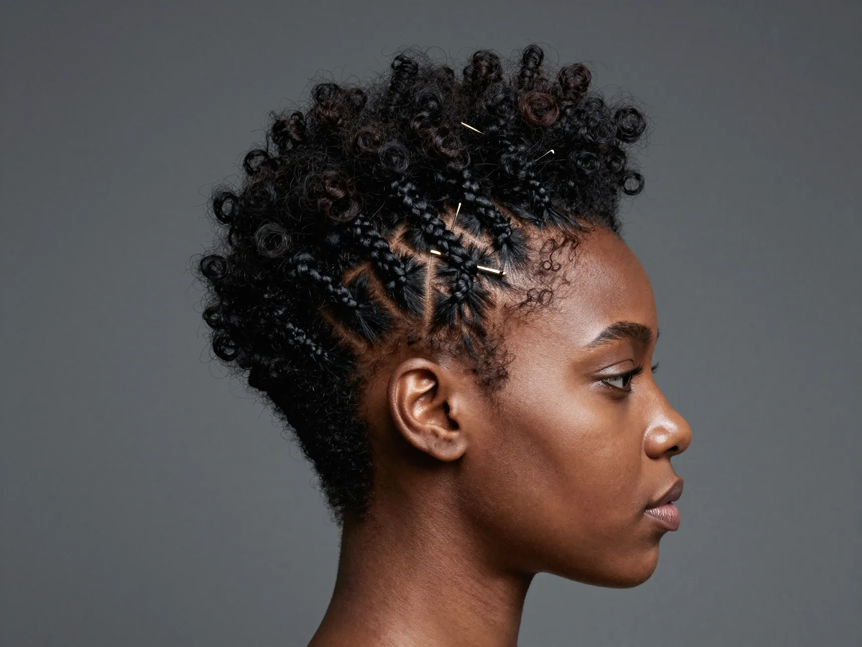 Faux hawk with flat twist sides and curly textured center puff