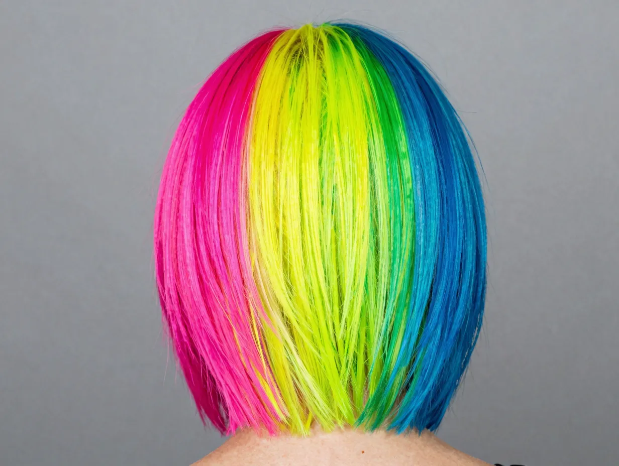Neon rainbow hair color blocked sections pink yellow blue green