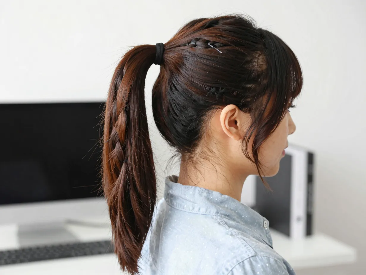 Ponytail with a single loose side braid feeding into the base for casual friday