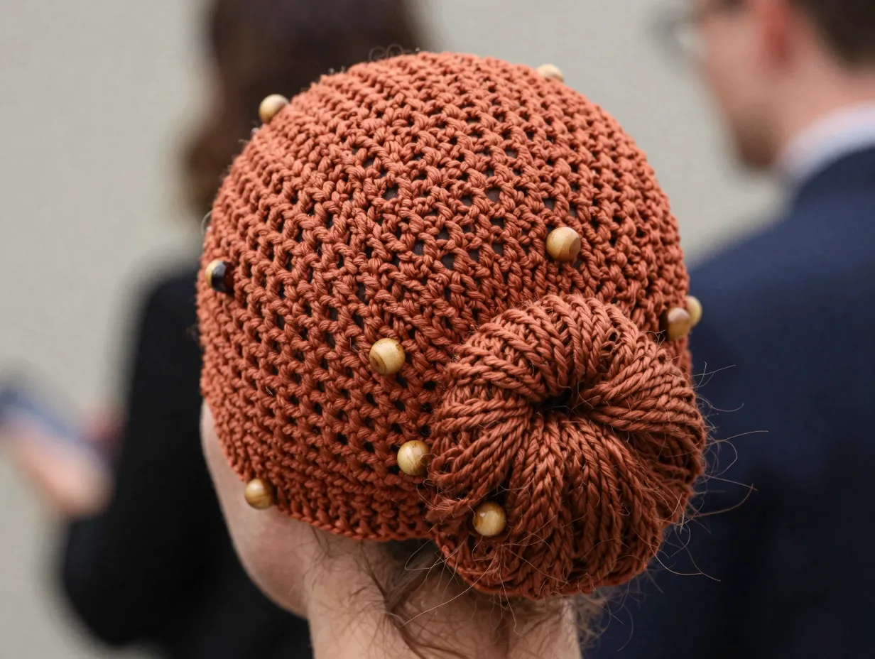 Terracotta crochet bun cover wooden bead embellishments