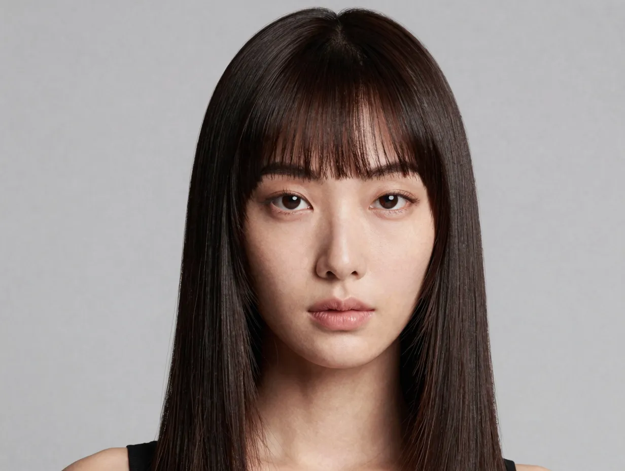 Arched bangs long straight hair sophisticated portrait