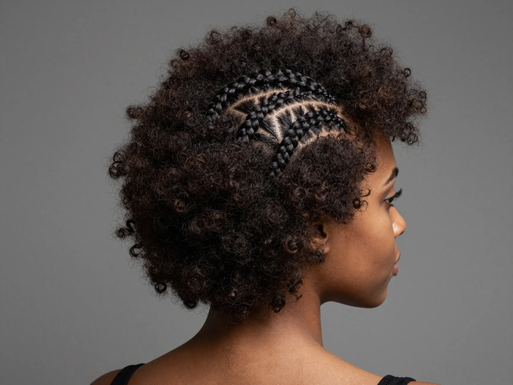 Artsy cornrows on crown leading into a fluffy short afro