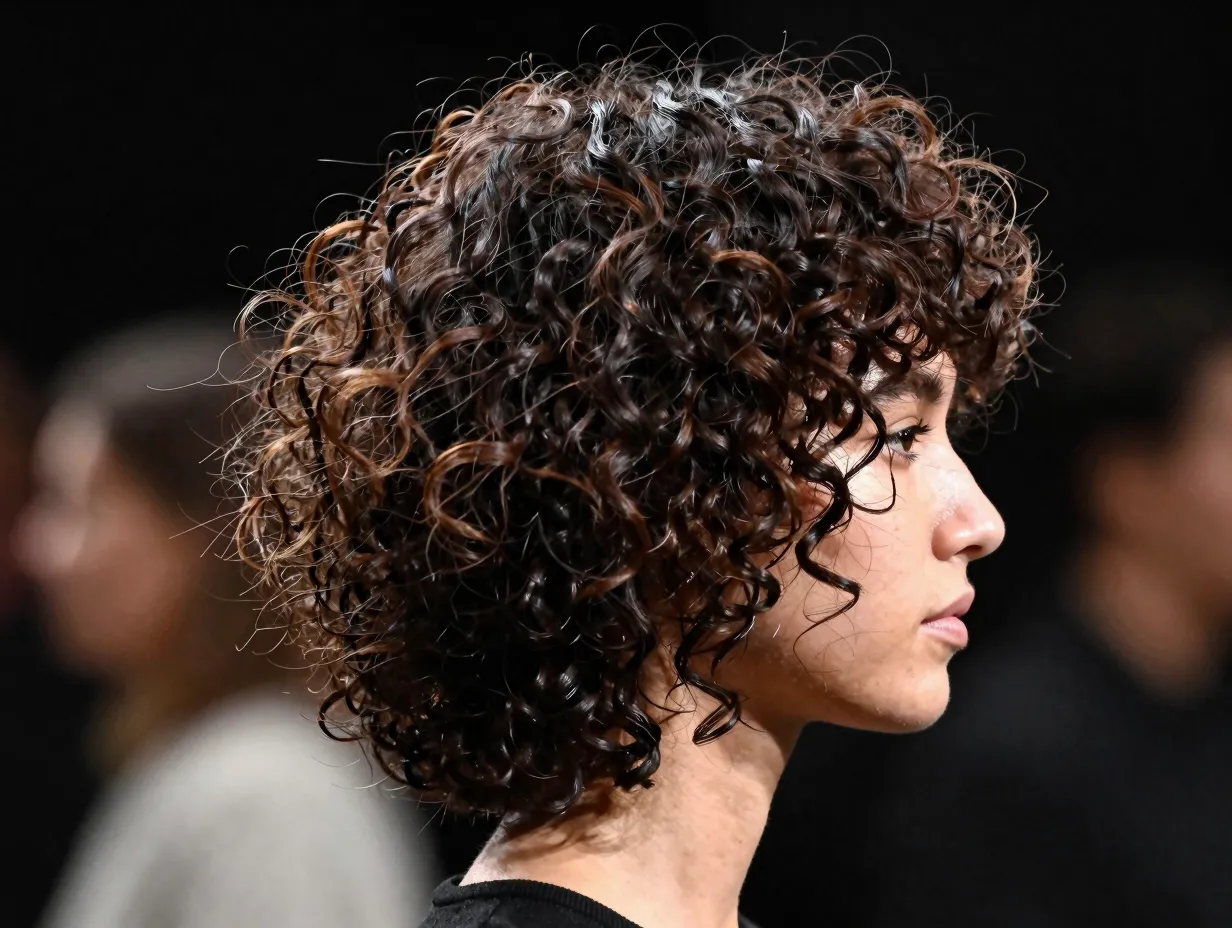 Asymmetrical curly cut dramatic length difference sides