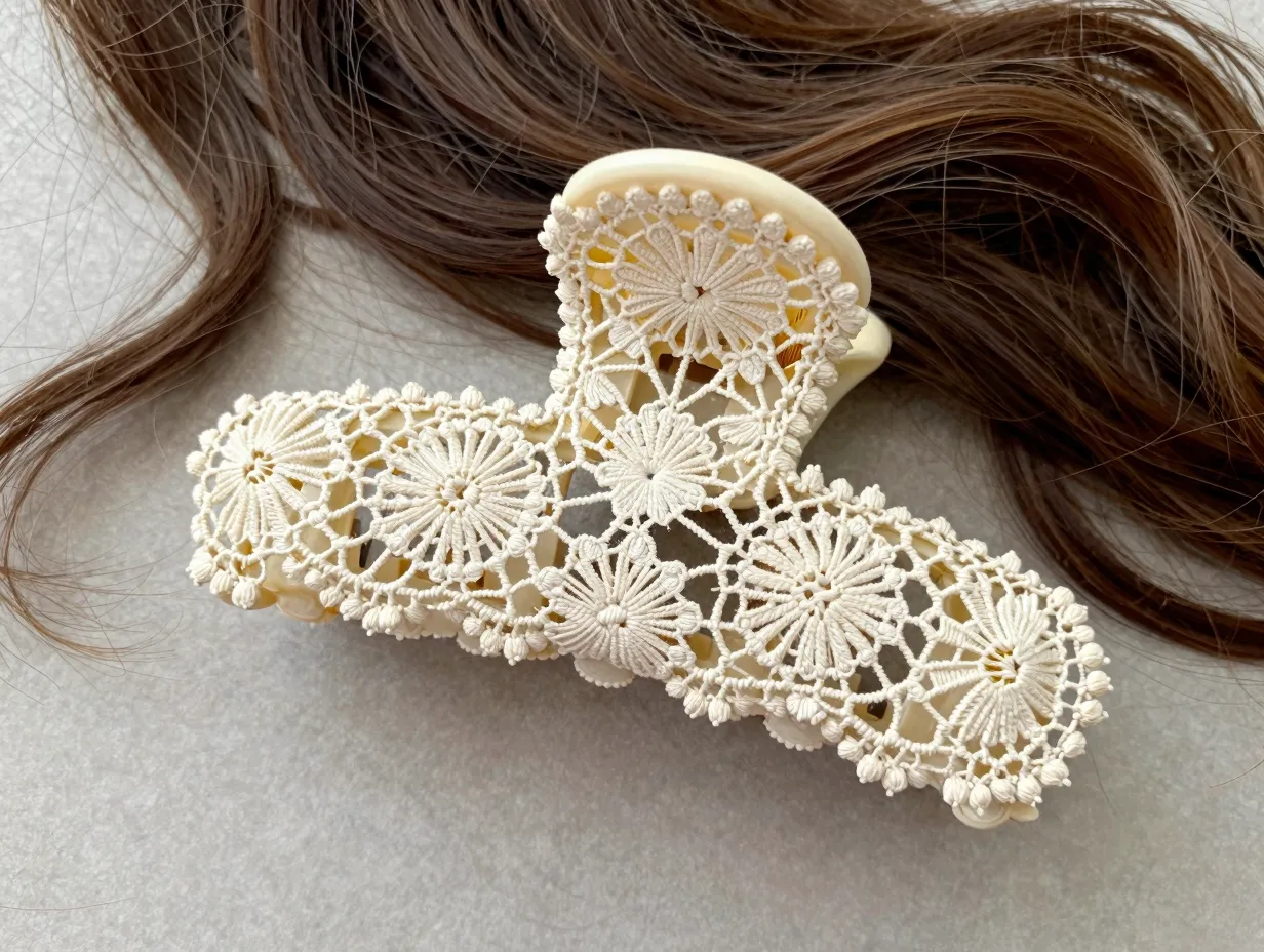 Ivory crochet lace pattern cover large claw clip