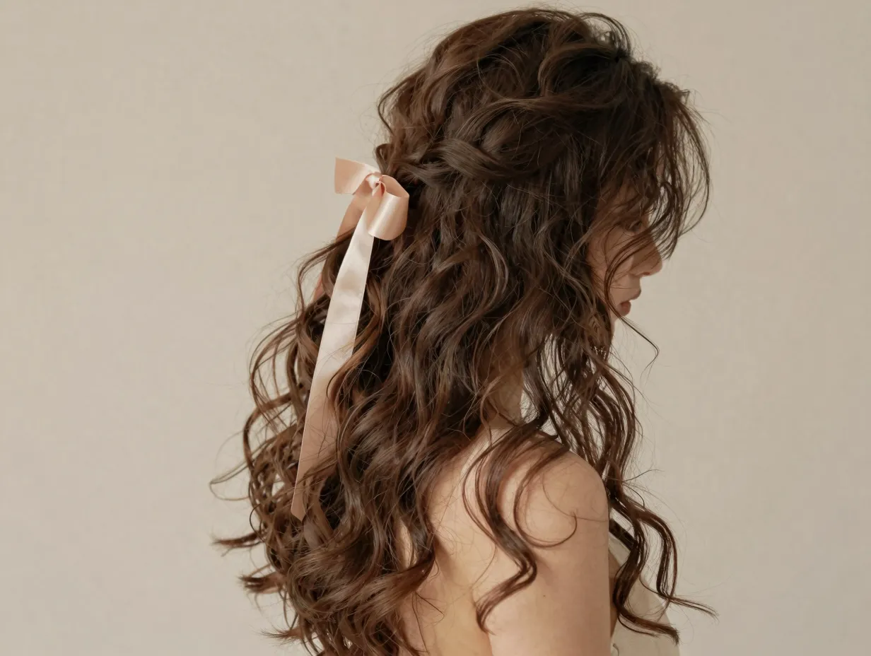 Romantic loose half up hairstyle with soft consistent flowing waves