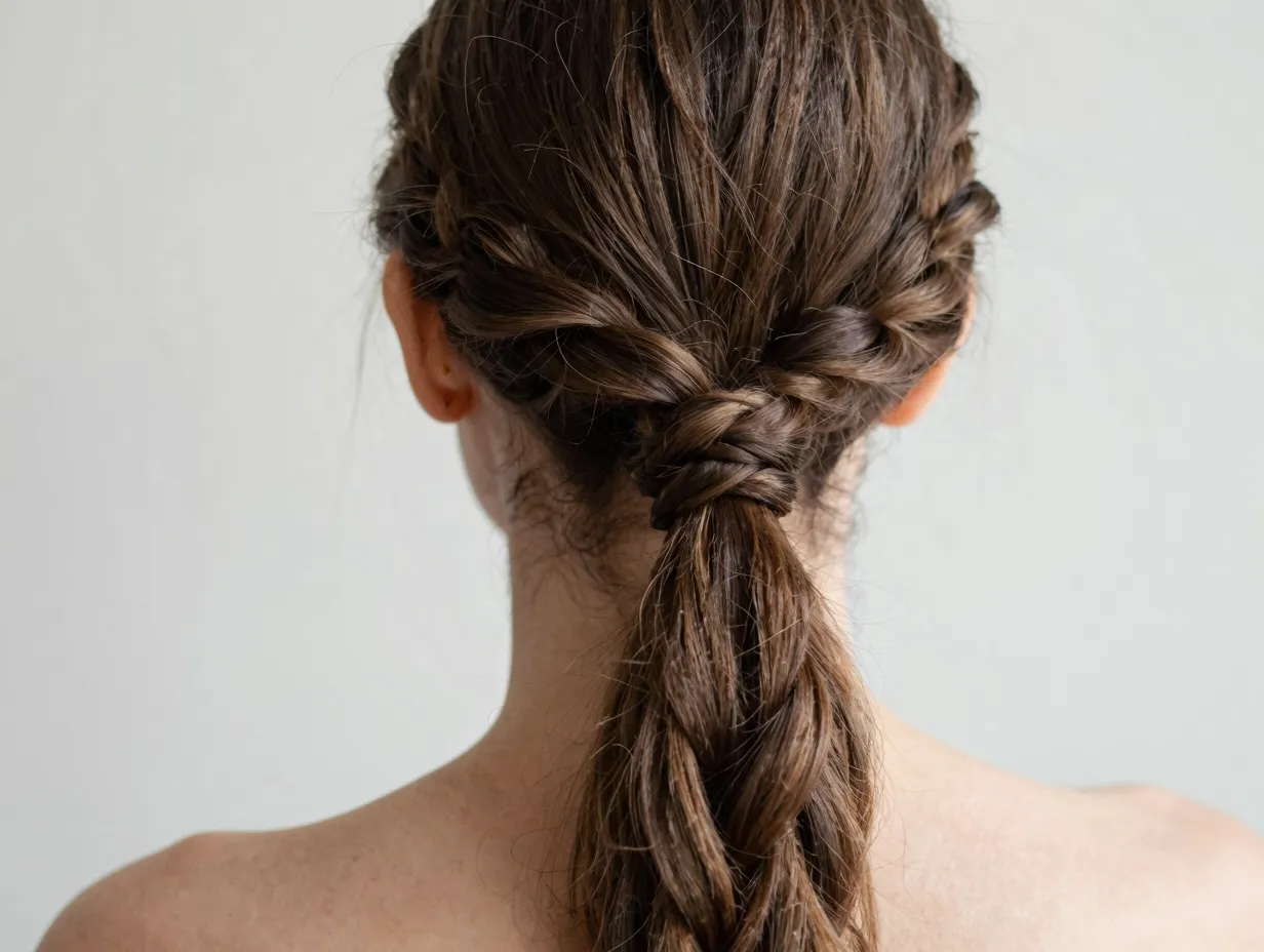 Side twist ponytail with two front twists meeting at a low back ponytail