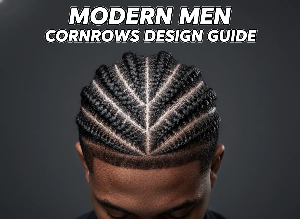 Man model displaying nine clean sharp modern cornrow hairstyles