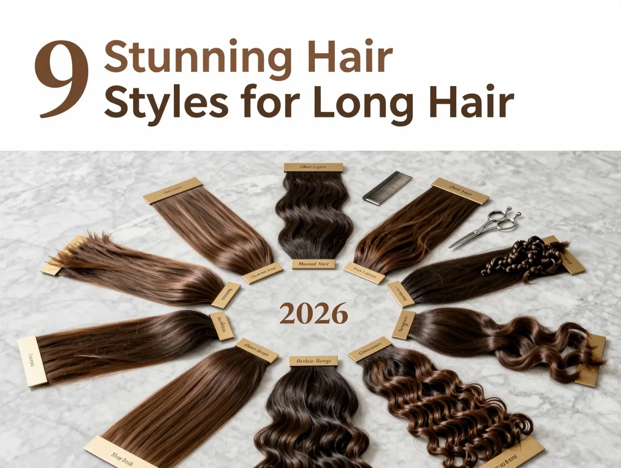 Nine glossy long hair swatch samples for 2026 trends arranged flat lay