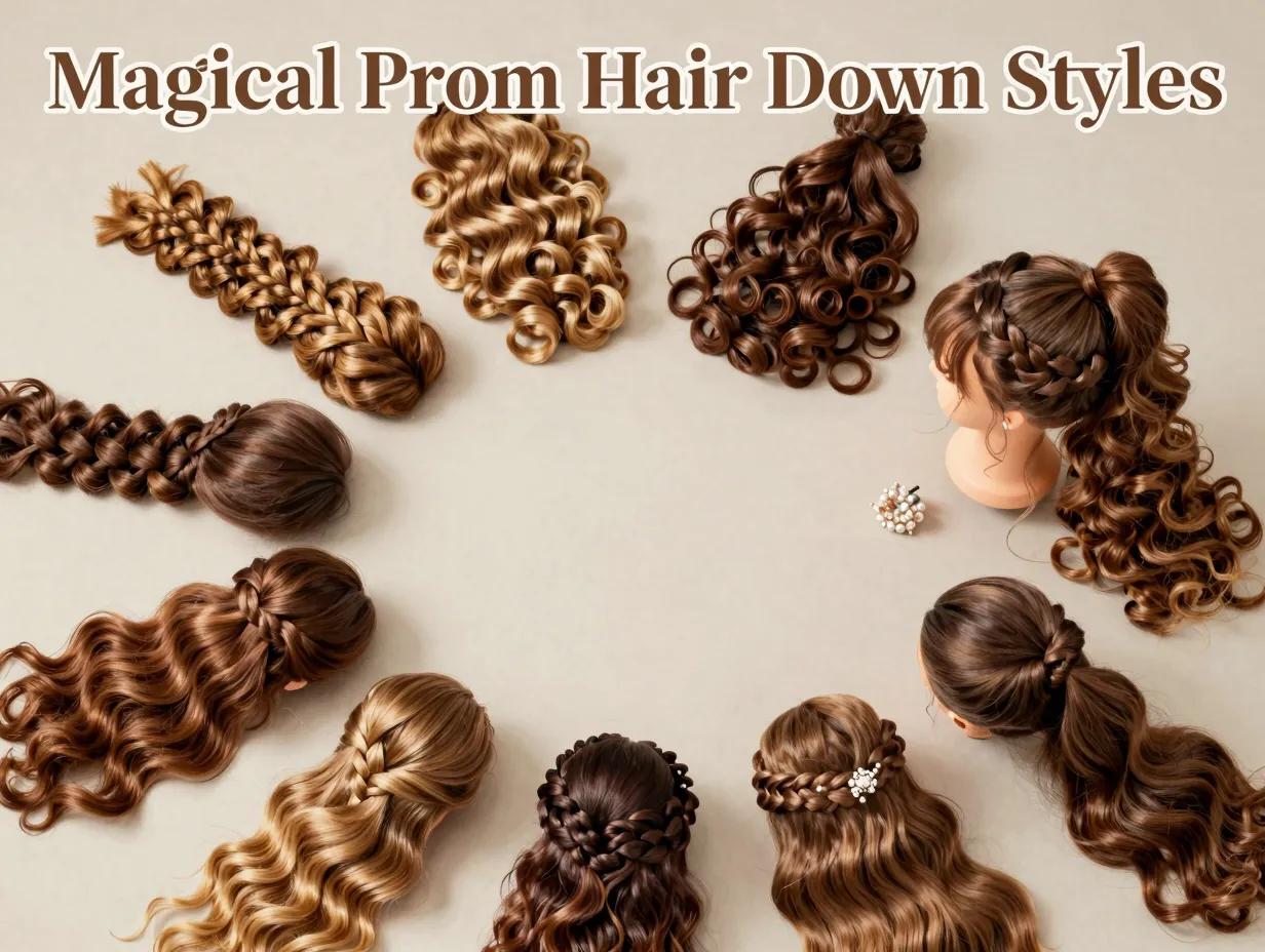 Radial display nine prom hairstyles medium length magical golden light
