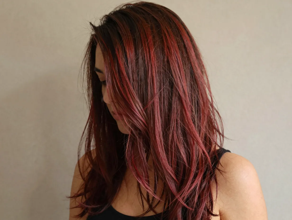 A woman with long hair and natural cherry red balayage highlights on mocha brown base