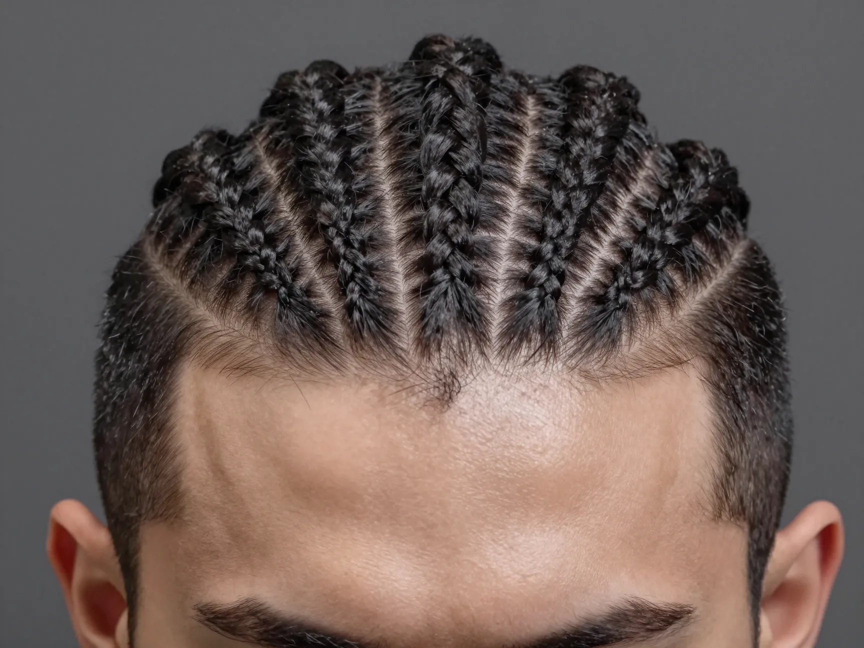 Classic straight back cornrows with thin parting on oval face
