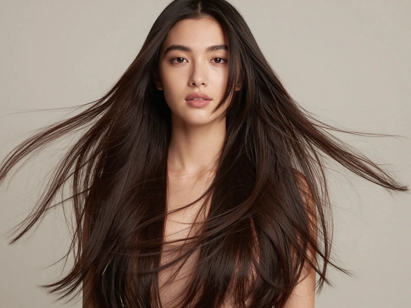 Flowing long hair with subtle elongated layers in motion