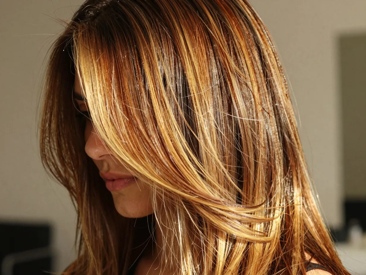 Multi dimensional tonal layered honey blonde highlights on brown hair