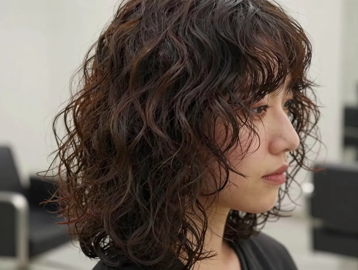 Shaggy layers with curtain bangs and diffused wavy curls
