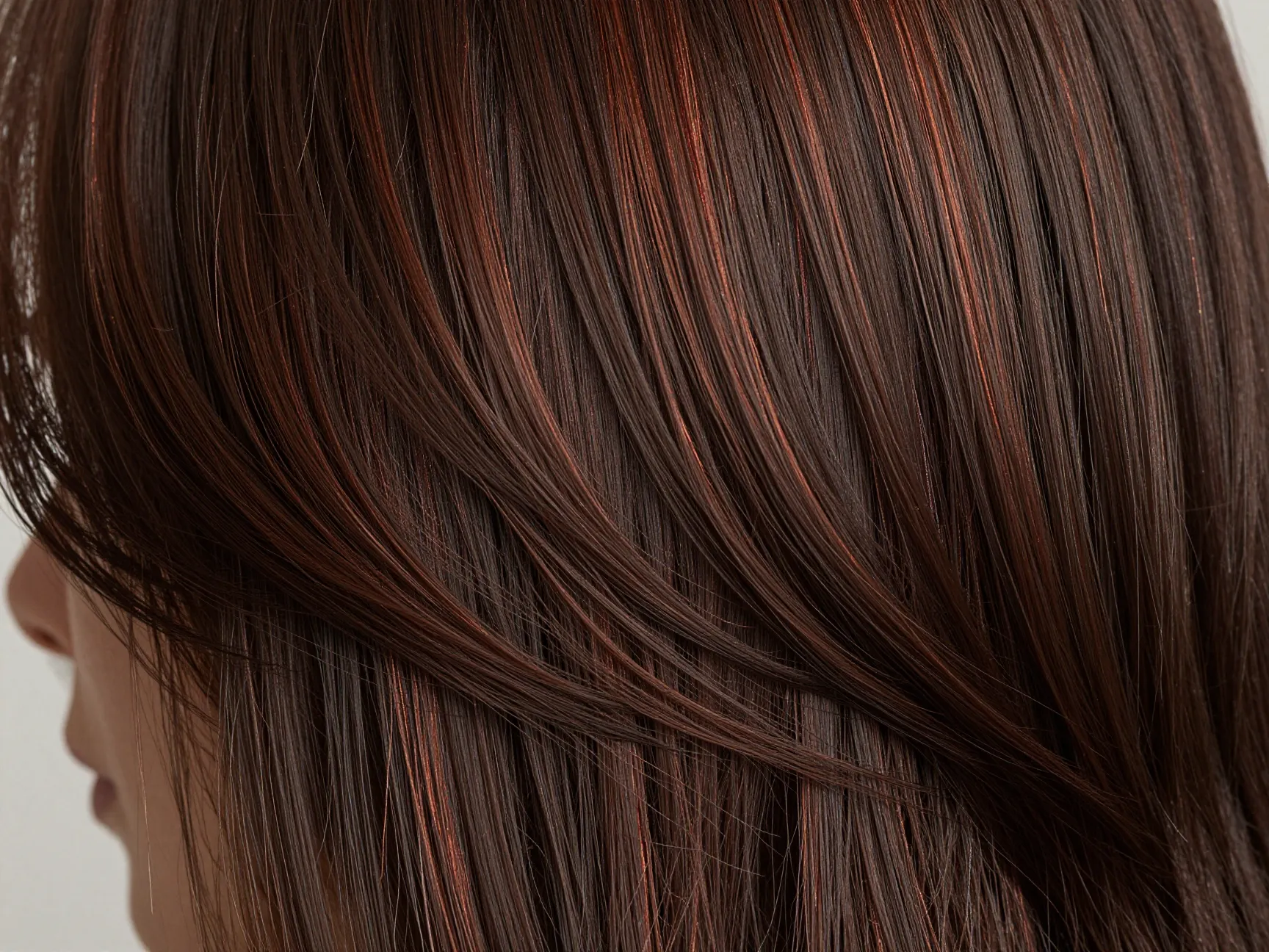 A woman with dark brown hair featuring ultra fine shimmering cherry babylights