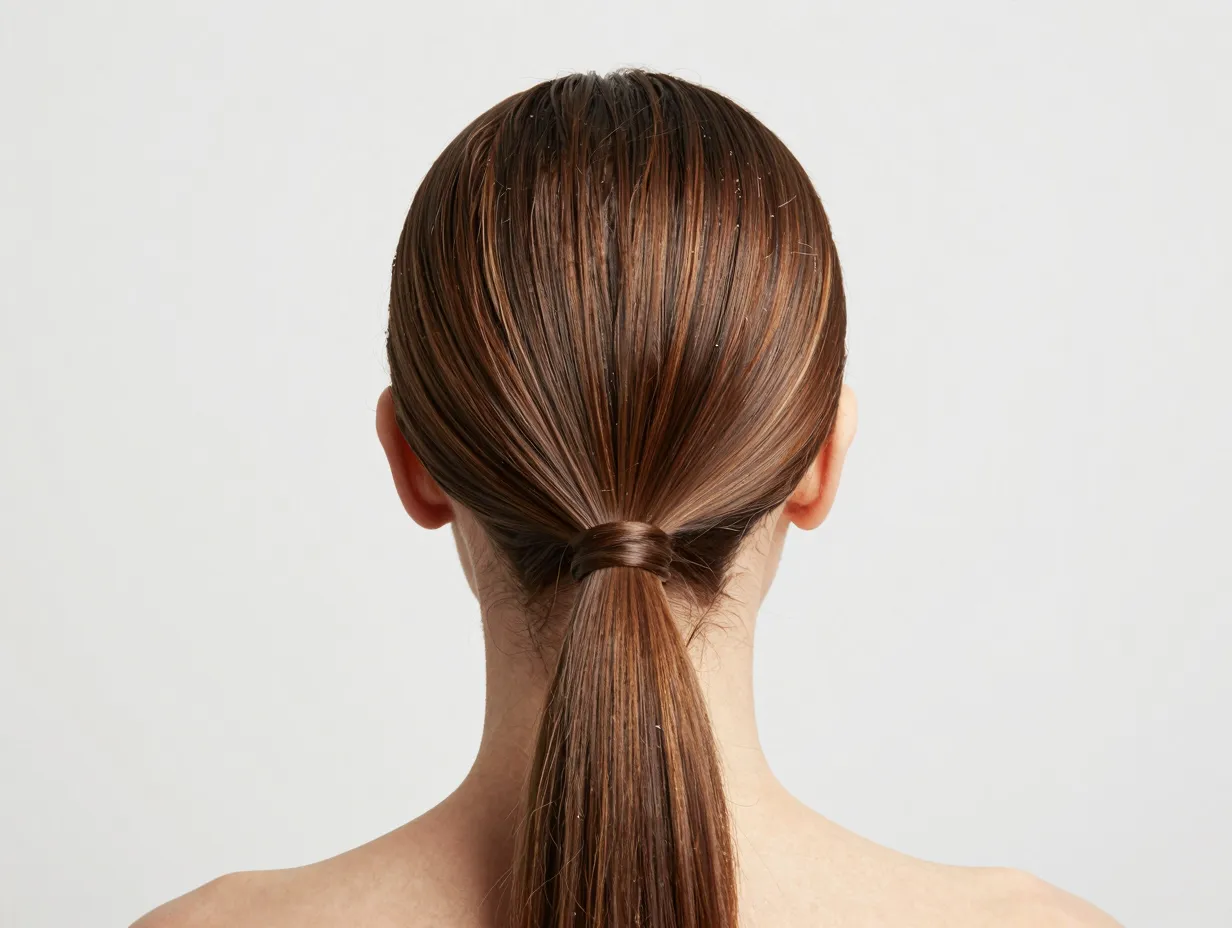 Center part sleek messy ponytail with contrasting crisp top