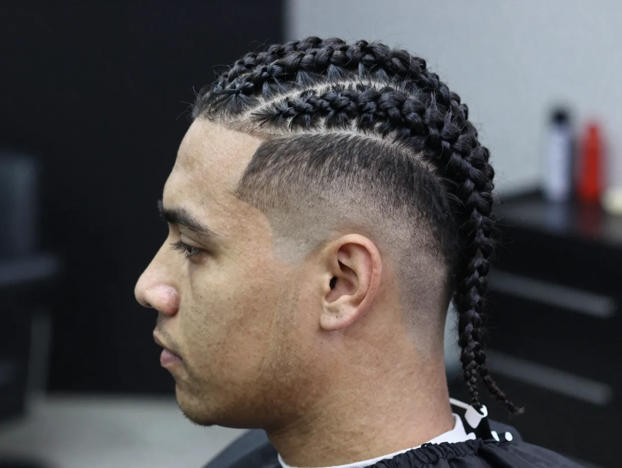 Cornrows with high skin fade on round face dramatic contrast