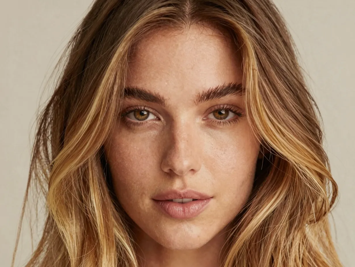 Face framing honey blonde pieces illuminate a womans brown hair