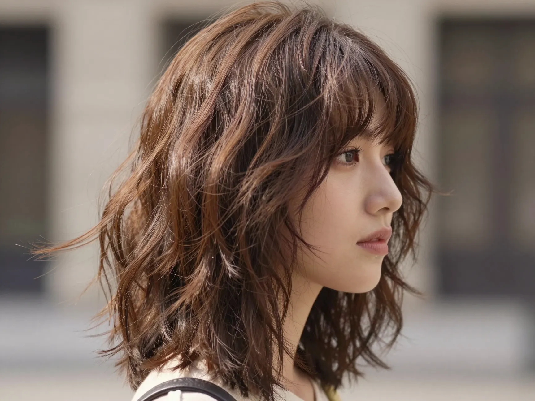 Mid length shag choppy feathered layers wavy hair